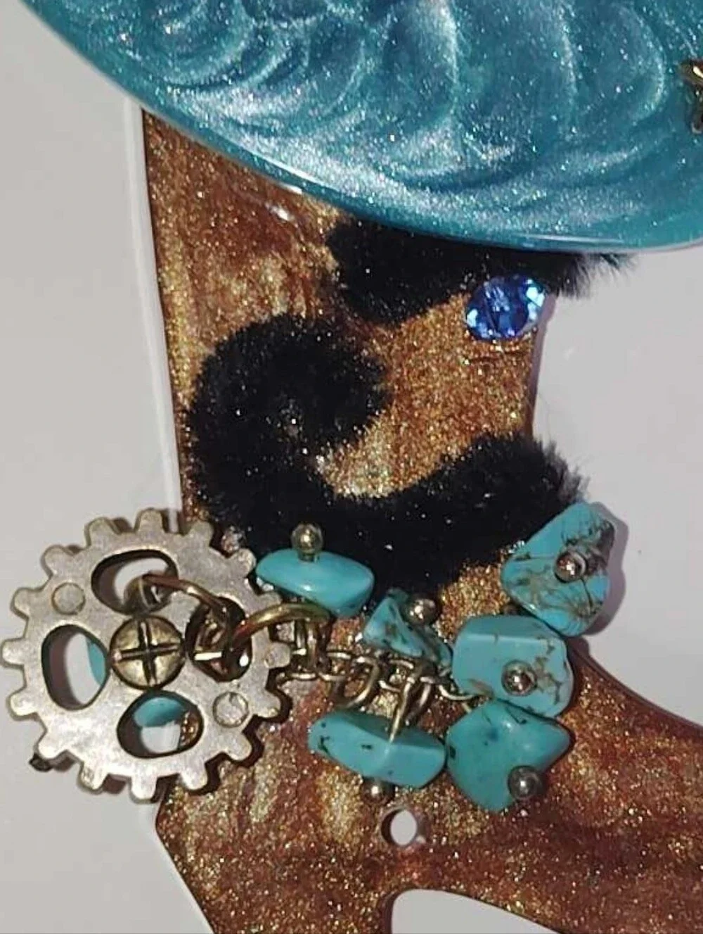 New Brown & Turquoise Resin Cowboy Boot Black Mustache Eyebrow Sparkle Blue Eye